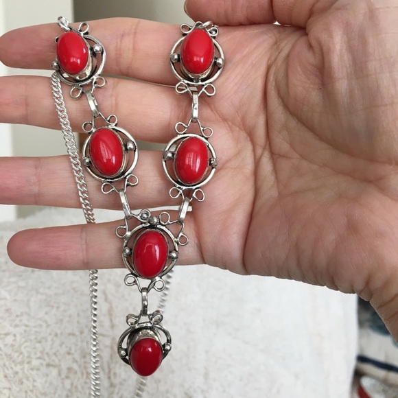 Silver plated simulated red jasper necklace - Picture 2 of 9